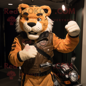 Tan Tiger mascot costume character dressed with a Moto Jacket and Mittens