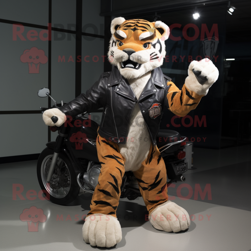 Tan Tiger mascot costume character dressed with a Moto Jacket and Mittens