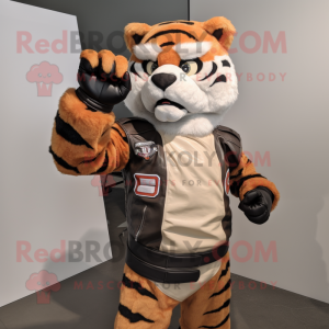Tan Tiger mascot costume character dressed with a Moto Jacket and Mittens