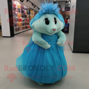 Cyan Guinea Pig mascot costume character dressed with a Evening Gown and Headbands