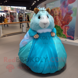 Cyan Guinea Pig mascot costume character dressed with a Evening Gown and Headbands