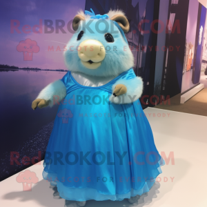 Cyan Guinea Pig mascot costume character dressed with a Evening Gown and Headbands