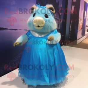 Cyan Guinea Pig mascot costume character dressed with a Evening Gown and Headbands