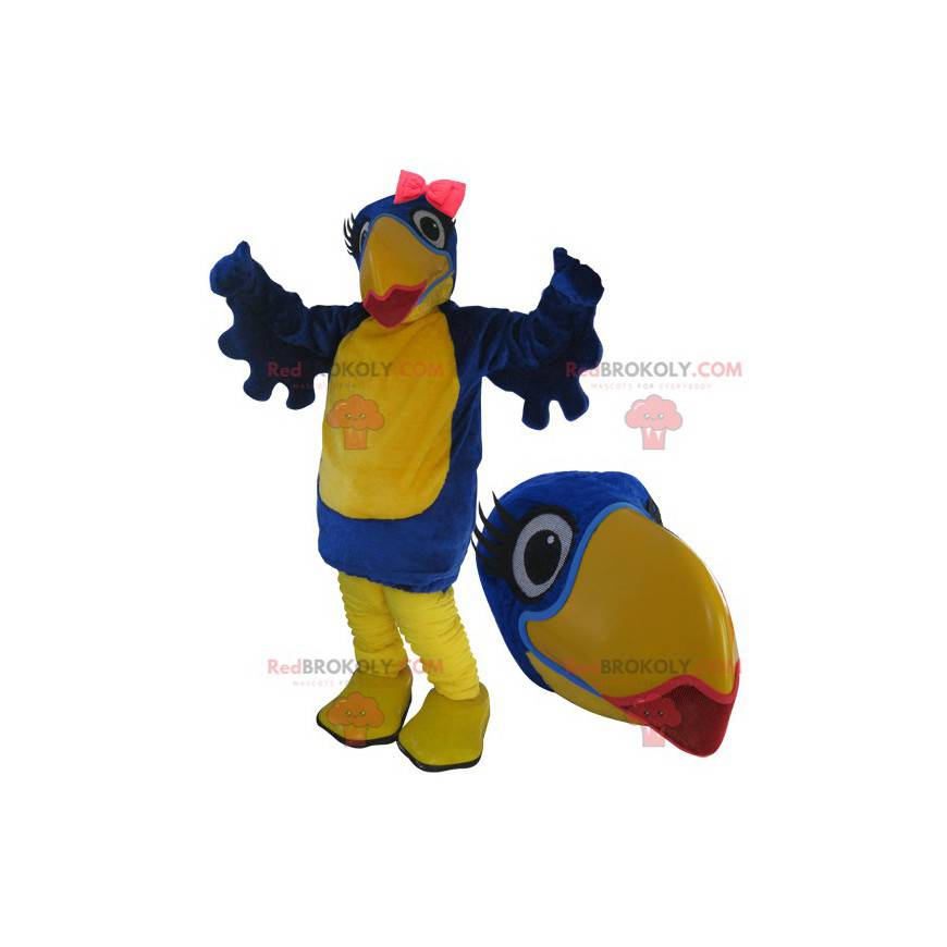 Mascot gran pájaro azul y amarillo con lápiz labial -