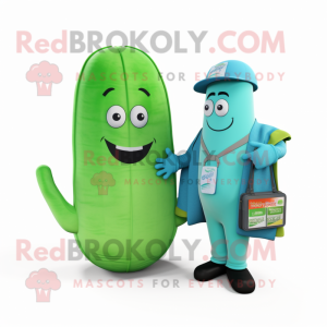 Cyan Cucumber mascot costume character dressed with a Polo Shirt and Wallets