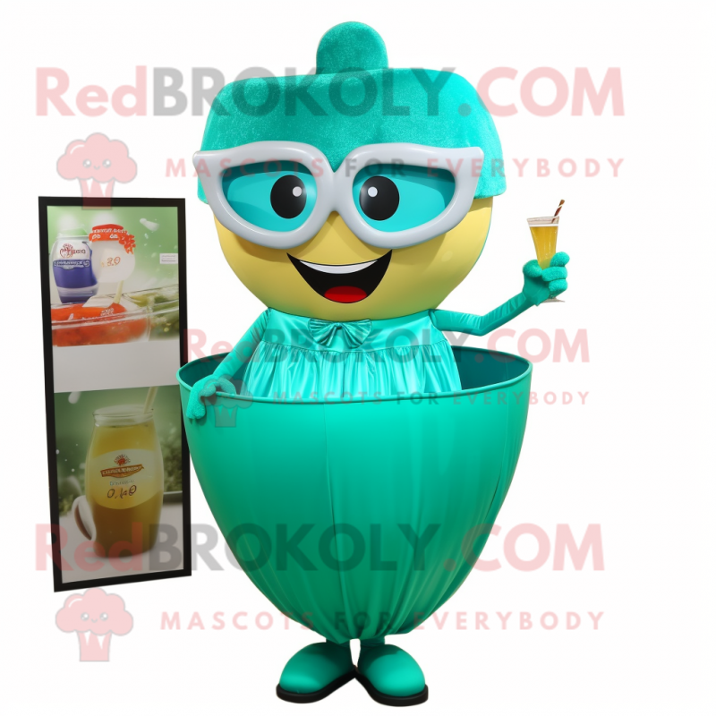 Turquoise Pot Of Gold mascot costume character dressed with a Cocktail Dress and Eyeglasses Turquoise Pot Of Gold mascot costume character dressed with a Cocktail Dress and Eyeglasses