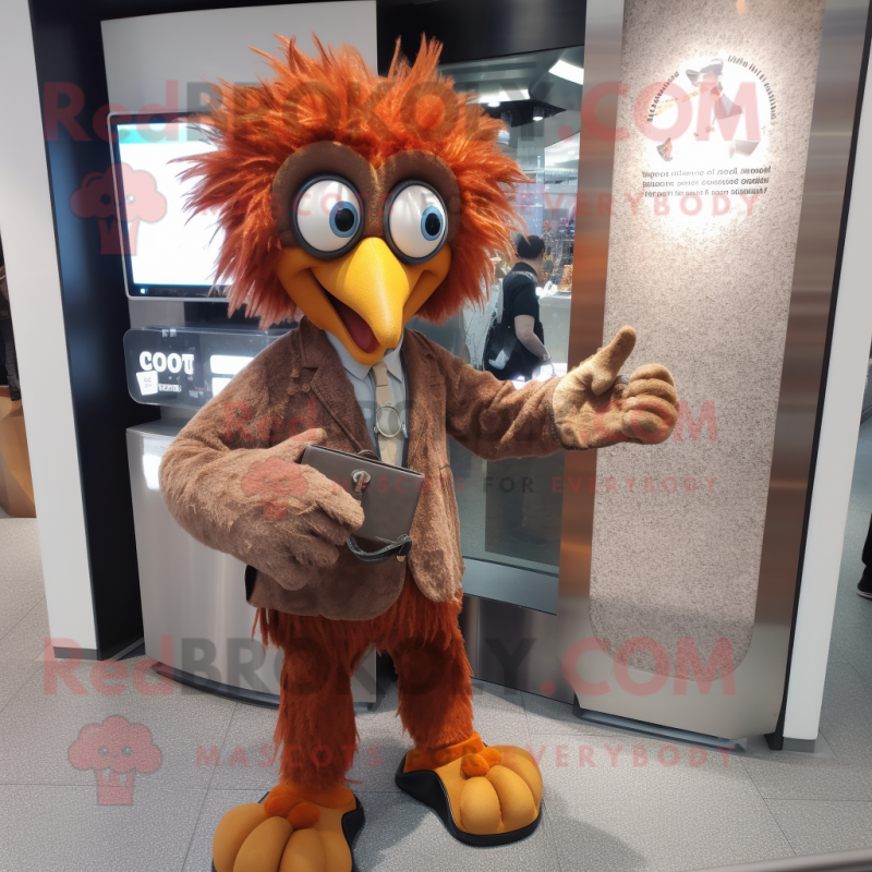 Rust Harpy mascot costume character dressed with a Suit and Coin purses Rust Harpy mascot costume character dressed with a Suit and Coin purses