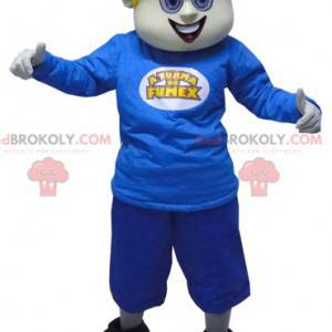 Mascote loiro de boneco de neve com orelhas vestida de azul -