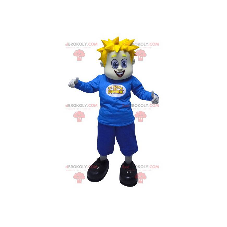 Maskottchen blonder Schneemann mit Ohren in blau gekleidet -