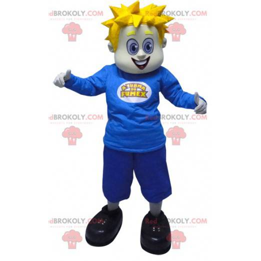 Mascote loiro de boneco de neve com orelhas vestida de azul -