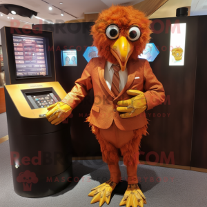 Rust Harpy mascot costume character dressed with a Suit and Coin purses