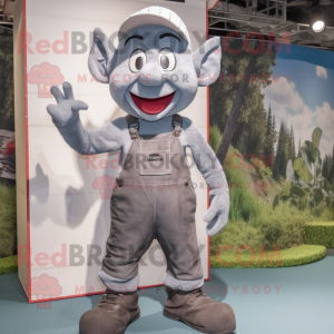 Gray Plate Spinner mascot costume character dressed with a Dungarees and Shoe laces