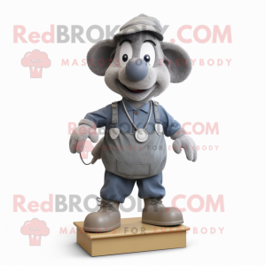 Gray Plate Spinner mascot costume character dressed with a Dungarees and Shoe laces