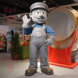 Gray Plate Spinner mascot costume character dressed with a Dungarees and Shoe laces