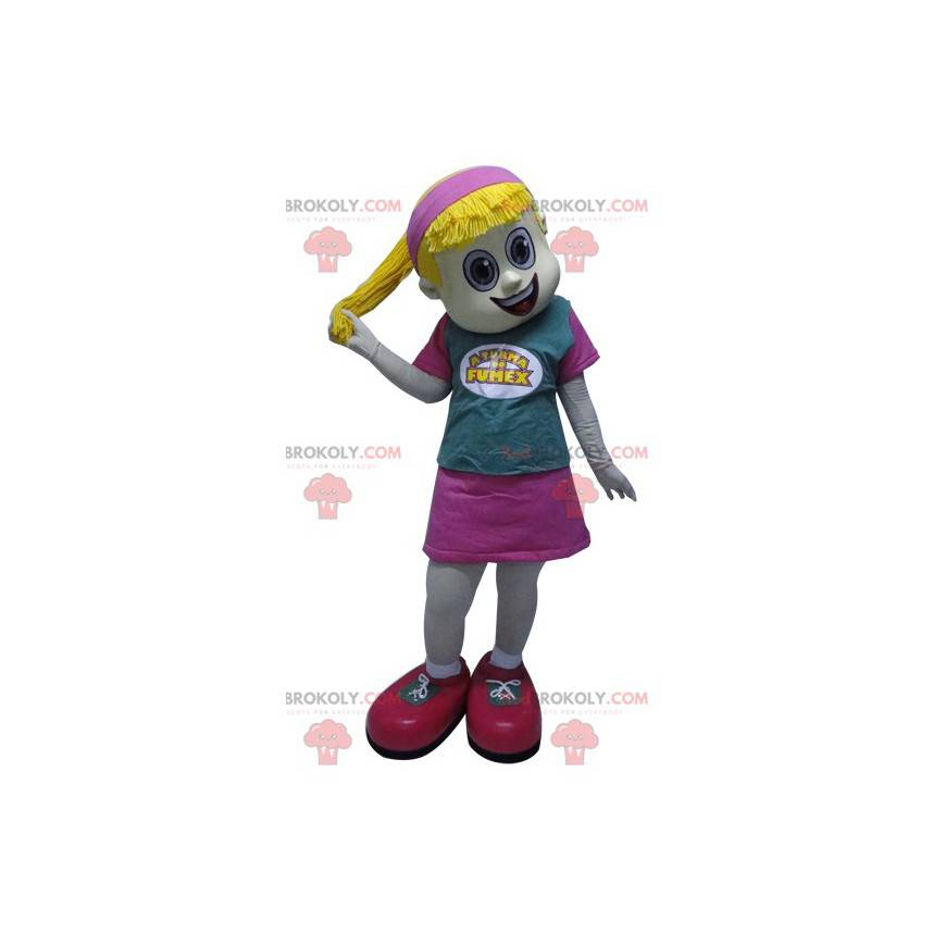 Mascot chica rubia con un edredón vestida de rosa - Mascot chica rubia con un edredón vestida de rosa -