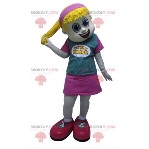 Mascot chica rubia con un edredón vestida de rosa -