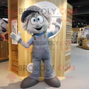 Gray Plate Spinner mascot costume character dressed with a Dungarees and Shoe laces