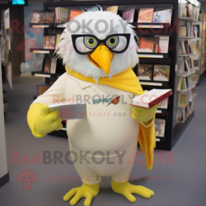 Cream Parrot mascot costume character dressed with a V-Neck Tee and Reading glasses
