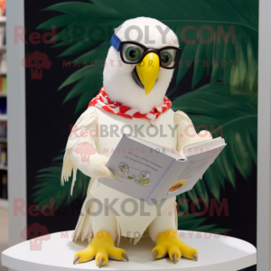 Cream Parrot mascot costume character dressed with a V-Neck Tee and Reading glasses