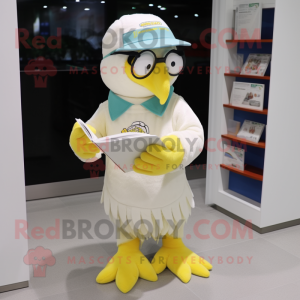 Cream Parrot mascot costume character dressed with a V-Neck Tee and Reading glasses
