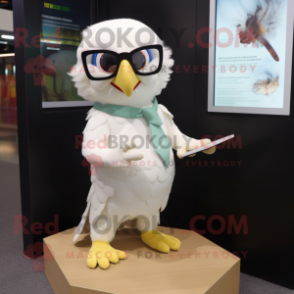 Cream Parrot mascot costume character dressed with a V-Neck Tee and Reading glasses