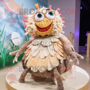 Beige Hermit Crab mascot costume character dressed with a Skirt and Hairpins