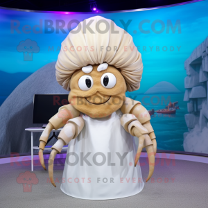 Beige Hermit Crab mascot costume character dressed with a Skirt and Hairpins