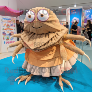 Beige Hermit Crab mascot costume character dressed with a Skirt and Hairpins