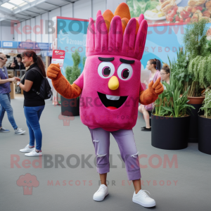 Magenta French Fries mascot costume character dressed with a Denim Shirt and Anklets