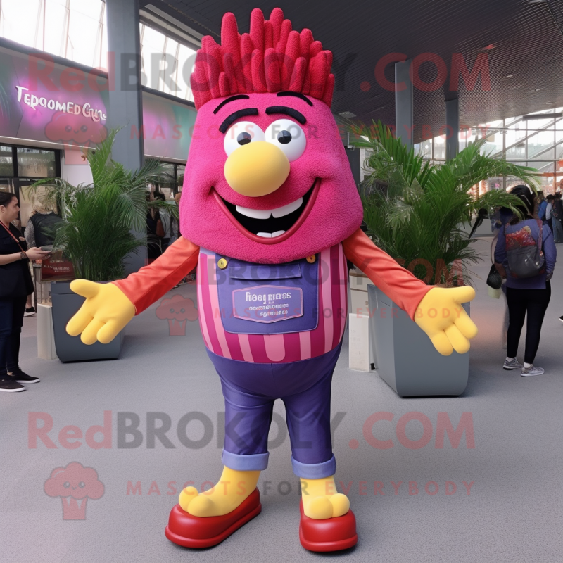 Magenta French Fries mascot costume character dressed with a Denim Shirt and Anklets Magenta French Fries mascot costume character dressed with a Denim Shirt and Anklets