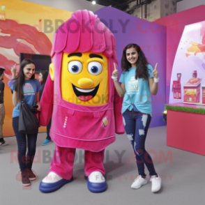 Magenta French Fries mascot costume character dressed with a Denim Shirt and Anklets