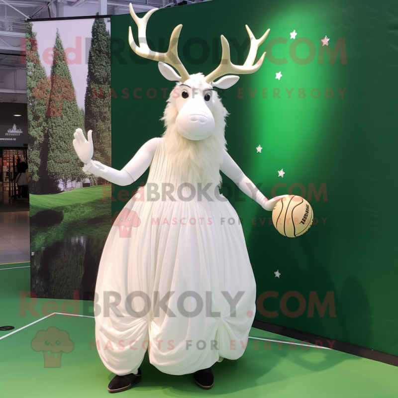 White Irish Elk mascot costume character dressed with a Ball Gown and Foot pads