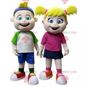 2 children's mascots a little girl and a blond boy -
