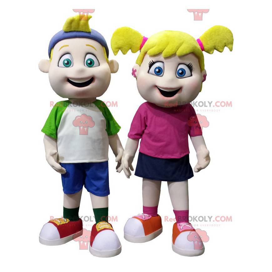 2 maskotki dla dzieci: mała dziewczynka i blond chłopiec -