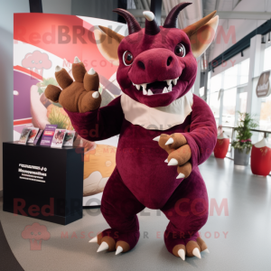 Maroon Triceratops mascot costume character dressed with a Henley Tee and Mittens