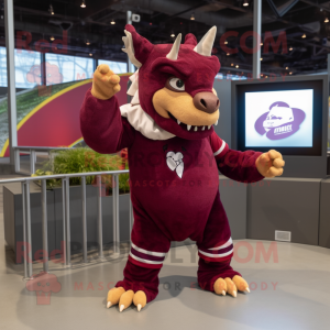 Maroon Triceratops mascot costume character dressed with a Henley Tee and Mittens