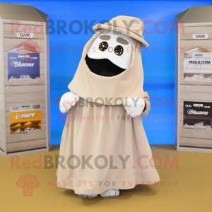 Tan Ghost mascot costume character dressed with a A-Line Skirt and Lapel pins