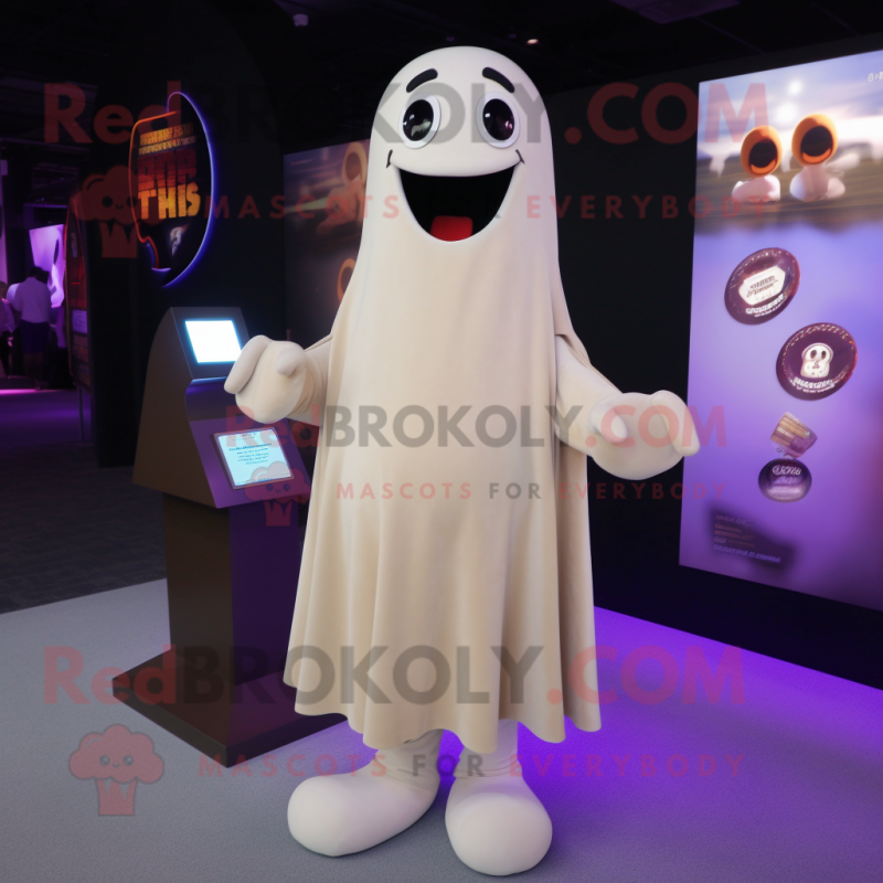 Tan Ghost mascot costume character dressed with a A-Line Skirt and Lapel pins Tan Ghost mascot costume character dressed with a A-Line Skirt and Lapel pins