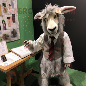 Gray Angora Goat mascot costume character dressed with a Dress Shirt and Lapel pins