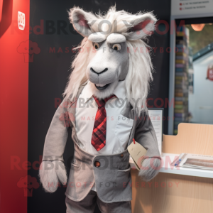 Gray Angora Goat mascot costume character dressed with a Dress Shirt and Lapel pins