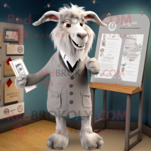 Gray Angora Goat mascot costume character dressed with a Dress Shirt and Lapel pins