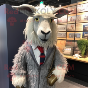 Gray Angora Goat mascot costume character dressed with a Dress Shirt and Lapel pins