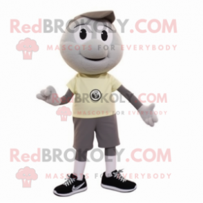 Gray Momentum mascot costume character dressed with a T-Shirt and Shoe laces
