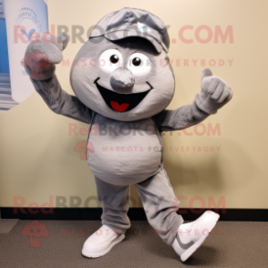 Gray Momentum mascot costume character dressed with a T-Shirt and Shoe laces