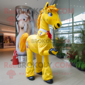 Yellow Horse mascot costume character dressed with a Flare Jeans and Clutch bags