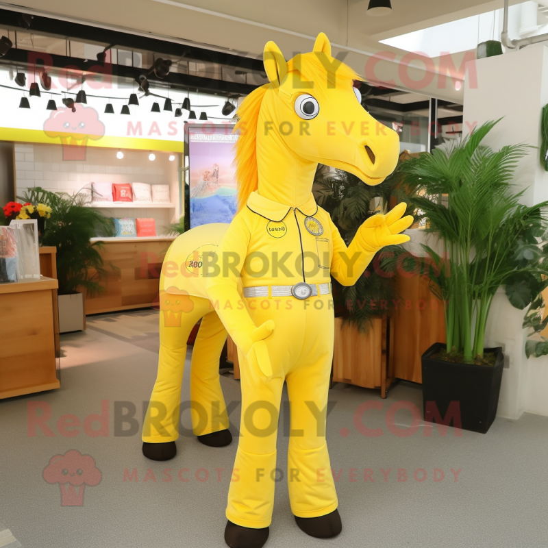 Yellow Horse mascot costume character dressed with a Flare Jeans and Clutch bags