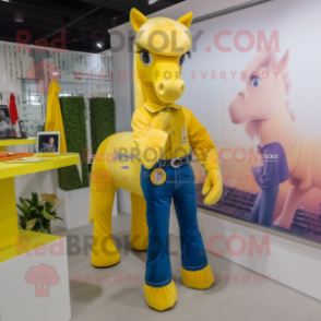 Yellow Horse mascot costume character dressed with a Flare Jeans and Clutch bags