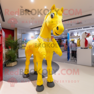 Yellow Horse mascot costume character dressed with a Flare Jeans and Clutch bags