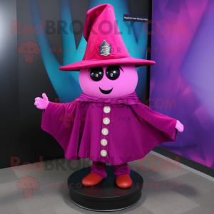 Magenta Witch'S Hat mascot costume character dressed with a Button-Up Shirt and Tie pins
