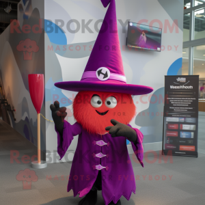 Magenta Witch'S Hat mascot costume character dressed with a Button-Up Shirt and Tie pins